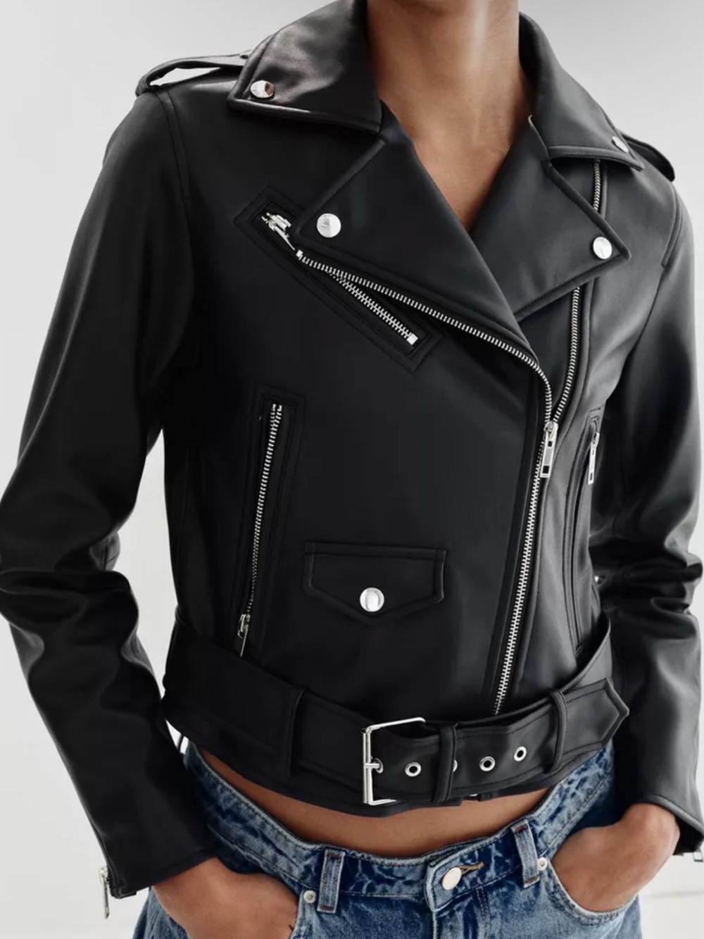 Zara Black Leather Moto Jacket with Belt